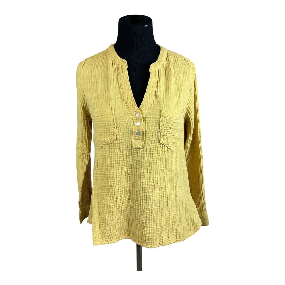 Mote Gauze Cotton Soft Mustard Yellow Women's Blouse V-neck detail, Small